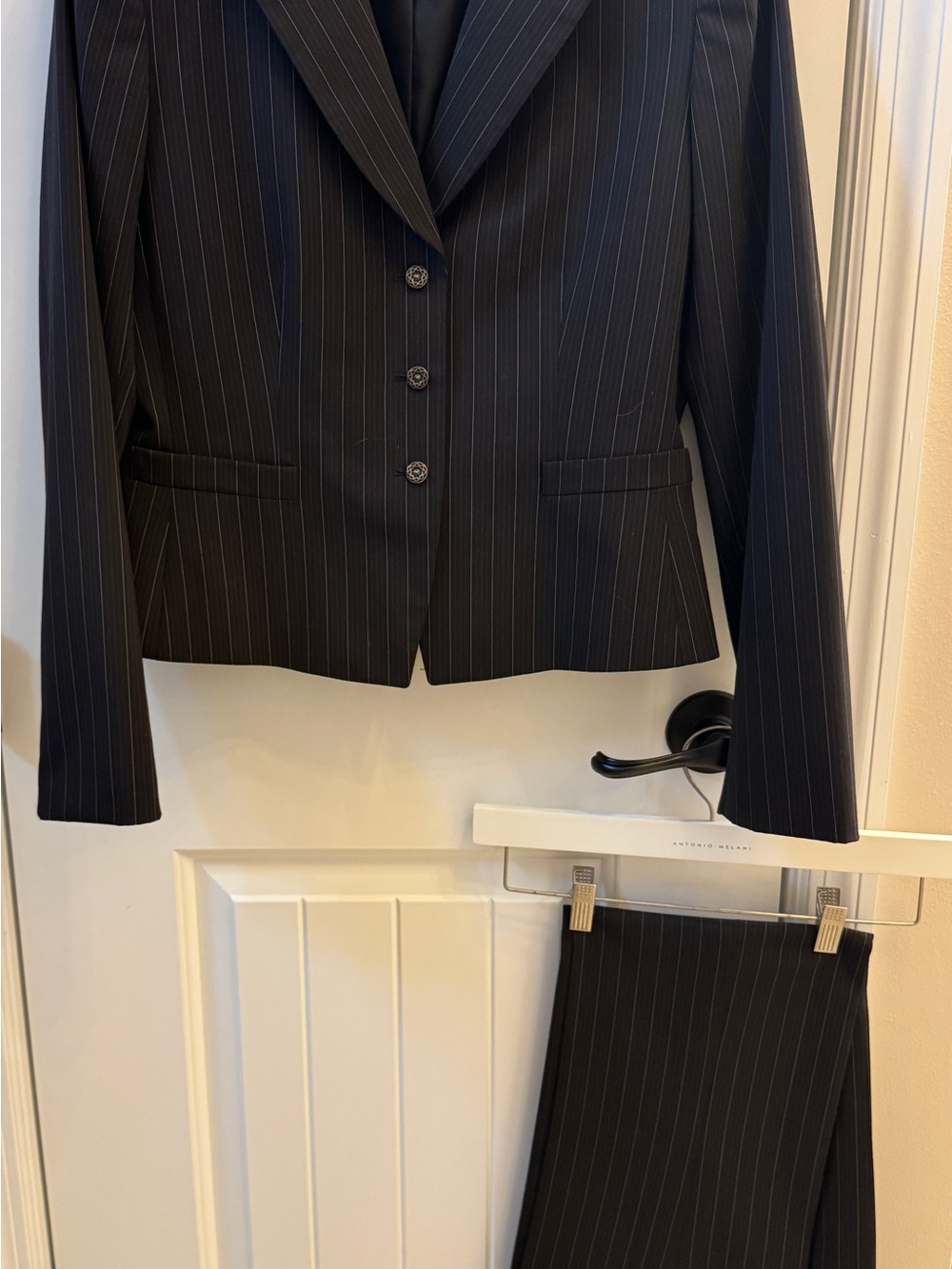 ANTONIO MELANI Black Pinstripe Women's Suit Jacket & Skirt